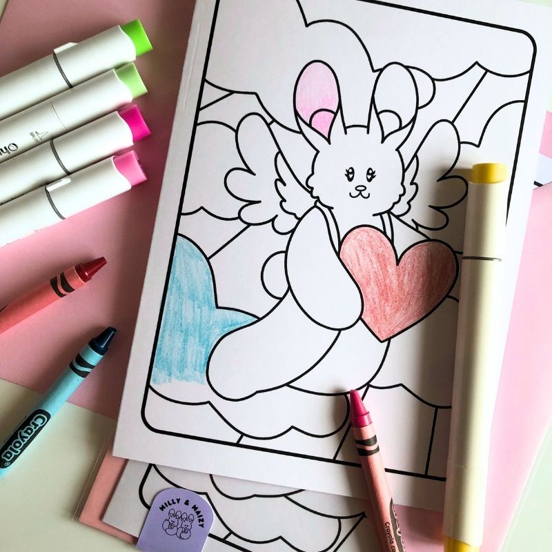 Bunny Cherub Valentine's Day Coloring Card