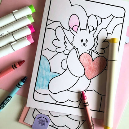 Bunny Cherub Valentine's Day Coloring Card